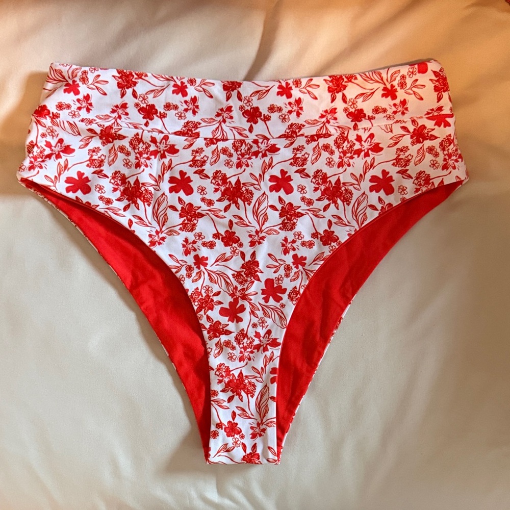 Kulani Kinis Red and White Floral High-Waist Bikini Bottoms
